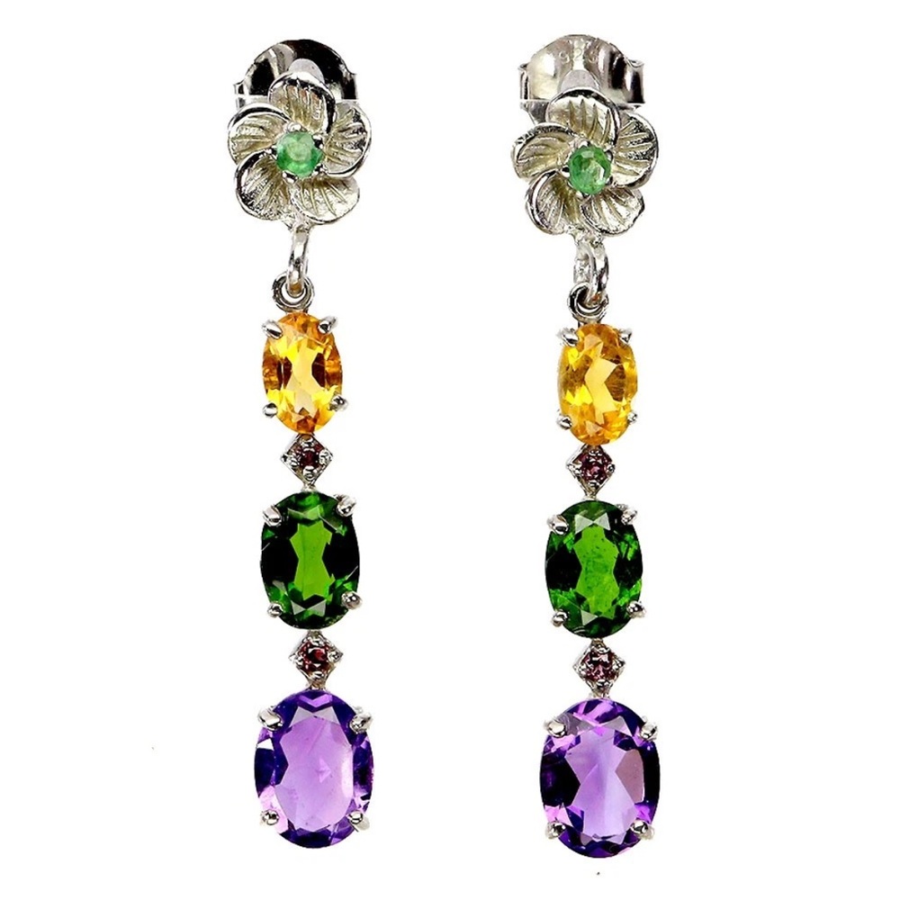 Genuine Emerald, Citrine, Chrome Diopside,Amethyst Earrings 925 Sterling Silver